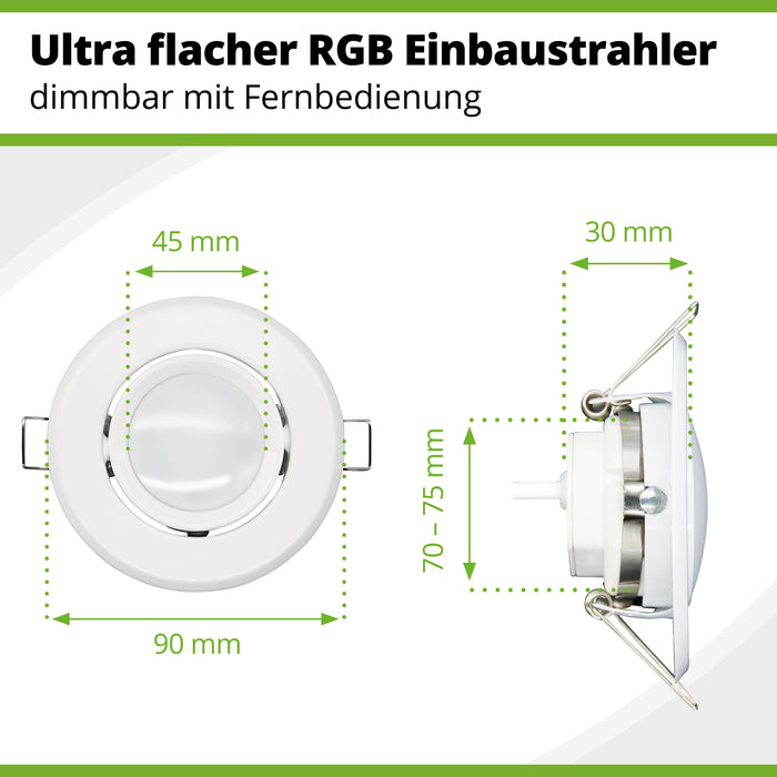Ultra flacher RGB-Einbaustrahler mit 26 mm Einbautiefe und 85 mm Außendurchmesser.