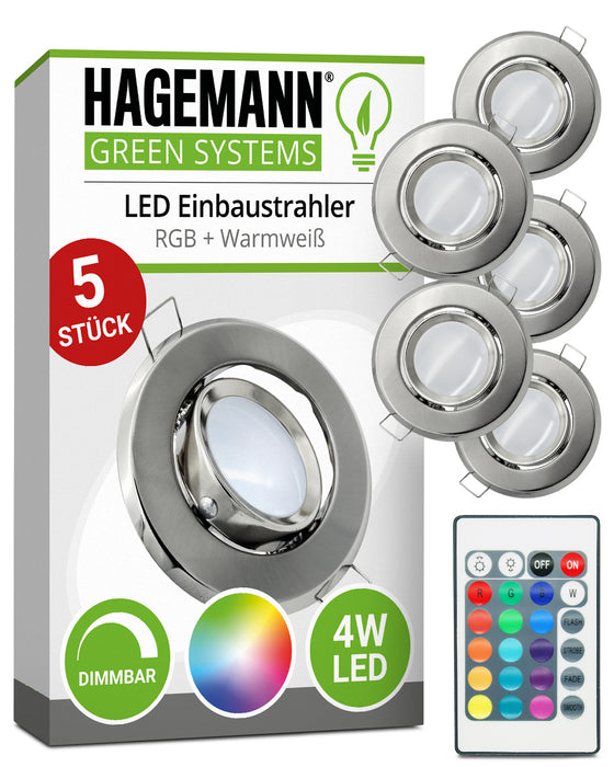 RGB+W Einbaustrahler 4W LED für Bohrlöcher mit 68mm Durchmesser. Fernbedienung zum Wechsel zwischen 15 Farben und Warmweiß sowie zum Dimmen.