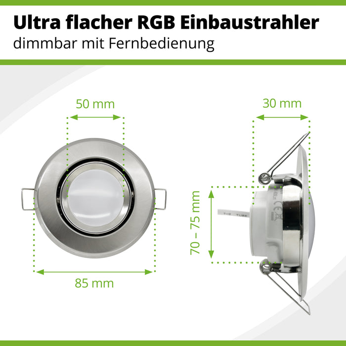 Ultra flacher RGB-Einbaustrahler mit 26 mm Einbautiefe und 85 mm Außendurchmesser.