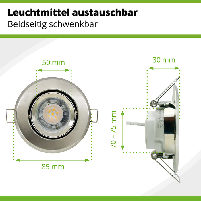 Ultra flache Einbauleuchte mit 30 mm Einbautiefe und 85 mm Außendurchmesser. Austauschbares und schwenkbares Leuchtmittel (LED-Coin).