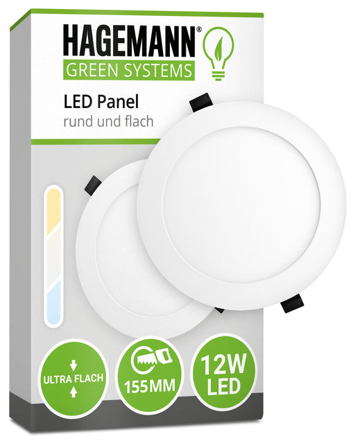 Flaches LED Panel 12W LED für Bohrlöcher mit 155 mm Durchmesser. In Warm-, Neutral- bzw. Tageslicht- und Kaltweiß erhältlich.