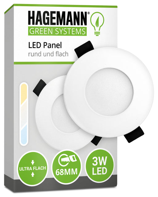 Flaches LED Panel 3W LED für Bohrlöcher mit 68 mm Durchmesser. In Warm-, Neutral- bzw. Tageslicht- und Kaltweiß erhältlich.