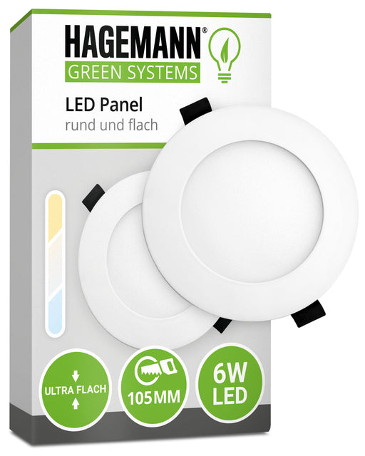 Flaches LED Panel 6W LED für Bohrlöcher mit 105 mm Durchmesser. In Warm-, Neutral- bzw. Tageslicht- und Kaltweiß erhältlich.