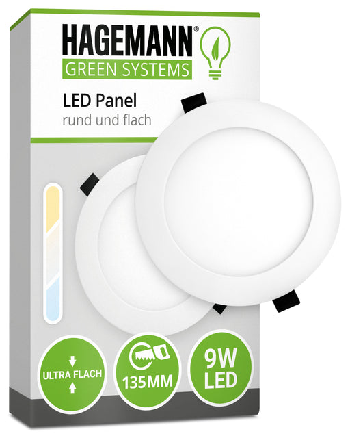 Flaches LED Panel 9W LED für Bohrlöcher mit 135 mm Durchmesser. In Warm-, Neutral- bzw. Tageslicht- und Kaltweiß erhältlich.