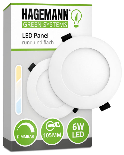 Dimmbares LED Panel 6W LED für Bohrlöcher mit 105 mm Durchmesser. In Warm-, Neutral- bzw. Tageslicht- und Kaltweiß erhältlich.