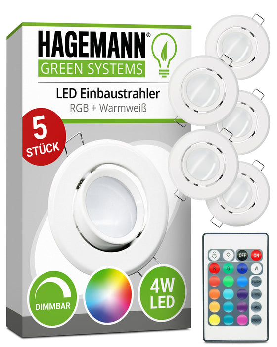 RGB+W Einbaustrahler 4W LED für Bohrlöcher mit 68mm Durchmesser. Fernbedienung zum Wechsel zwischen 15 Farben und Warmweiß sowie zum Dimmen.