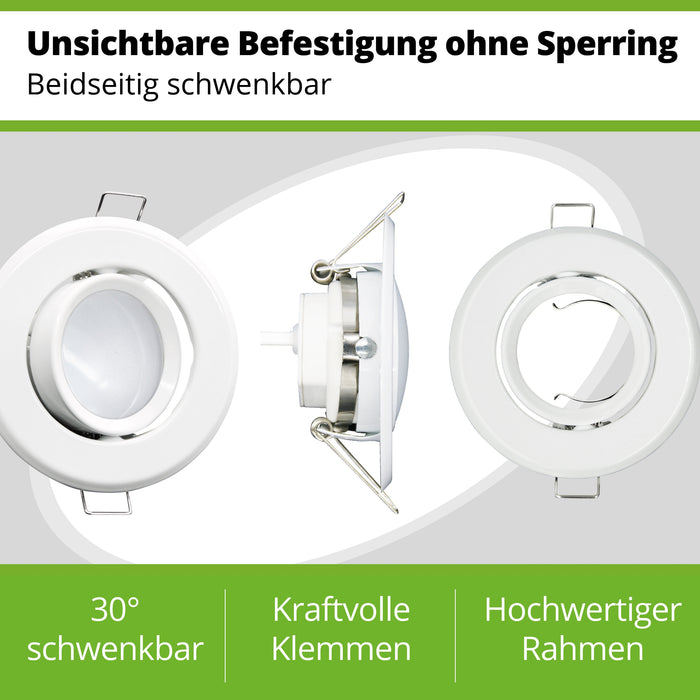 Unsichtbare Befestigung ohne Sperring. Das hochwertige Einbaupanel verfügt über vormontierten Klemmen zur unkomplizierten Spannfederbefestigung in der Decke und ist beidseitig 30° schwenkbar.