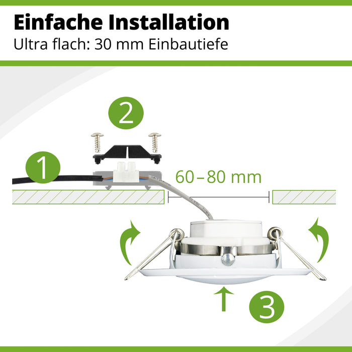 Einfache Installation. Benötigtes Werkzeug: Lochsäge und Kreuz-Schraubendreher.